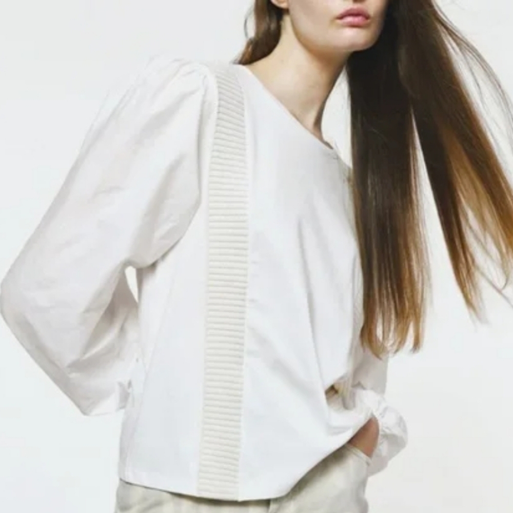 Zara Top Banded Shirt Clean Girl Top Oyster White Beige Large